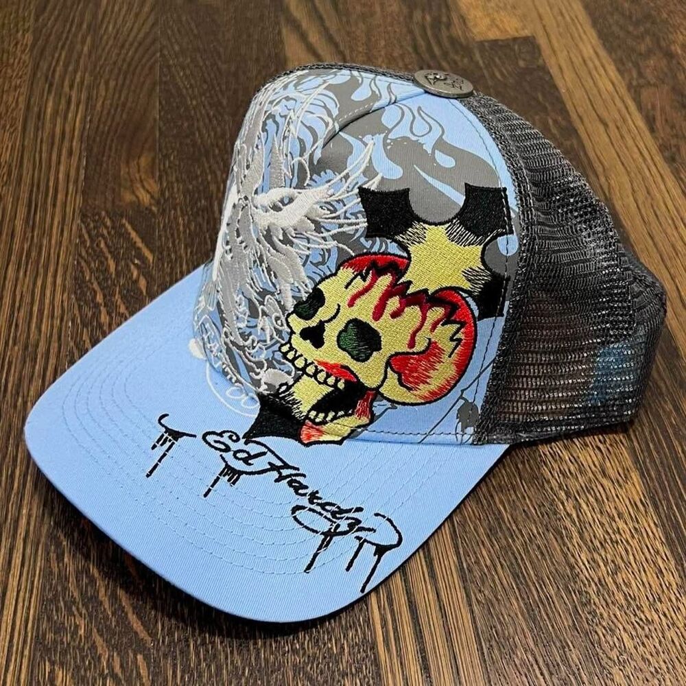 ed hardy baby blue cross skull trucker snapback hat